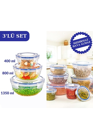 Flosoft Contalı Sızdırmaz Hava Almaz Yuvarlak Saklama Kabı 3’Lü Set 400 Ml800 Ml1350 Ml Şeffaf