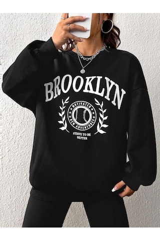 Altamira Unisex Siyah Brooklyn Baskılı Bisiklet Yaka Oversize Sweatshirt 001