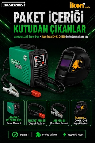 Askaynak 205 Super Plus İnverter Kaynak Makinesi + İkon Tools Kn-ksc-1200 Maske Seti