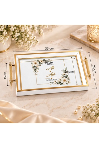 Bk Gift Kişiye Özel Beyaz&gold Söz Nişan Tepsisi-4 - 39x23 Cm Çok Renkli