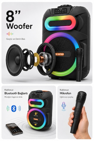 Taşınabilir Mikrofonlu 25w Led Işıklı Bluetooth Hoparlör Seti