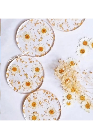 4 Lü Papatyalı Epoksi Bardak Altlığı - 119 Şeffaf