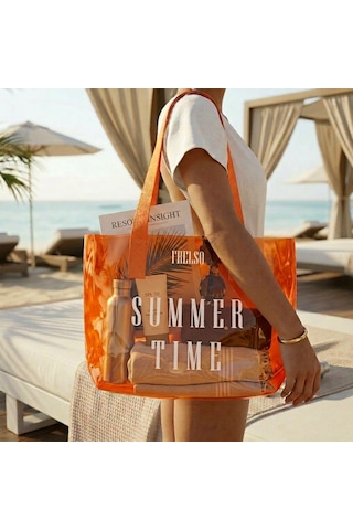 Frelso Şeffaf Plaj Çantası Baskılı Kadın Beach Çanta Turuncu