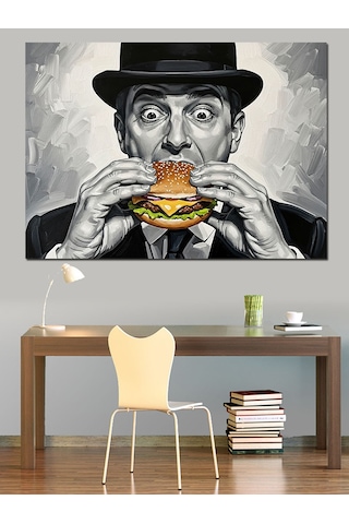 Ahşap Tablo Hamburger Yiyen Karizmatik Modern Adam
