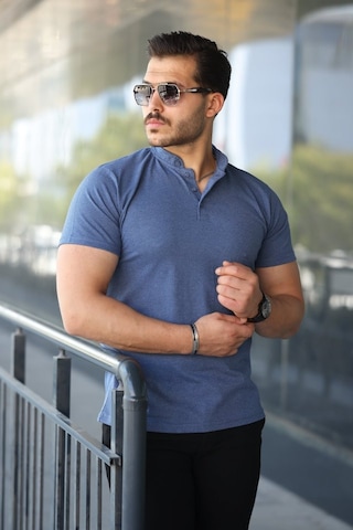 Efnaz Style Erkek Hakim Yaka Dokuma Pamuklu Kumaş Kısa Kollu Tişört İndigo