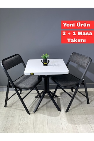 Mercan Beyaz 2 Kişilik Kare Mutfak Yemek Masası Takımı 2+1 Keten Gri 60 Cm Beyaz Gri 2'li