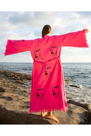 Befera Müslin Kimono Pamuklu Kadın Silüeti Desenli Bornoz Kaftan Sabahlık Fuşya