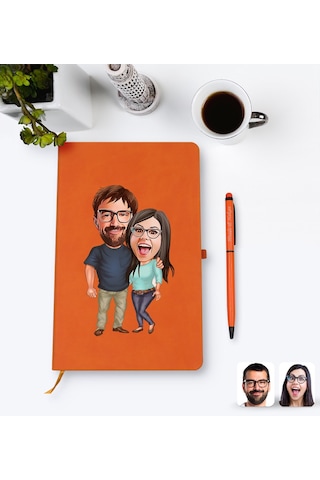 Kişiye Özel Sevgililer Karikatürlü Turuncu Termo Deri Defter Kale N11.2254