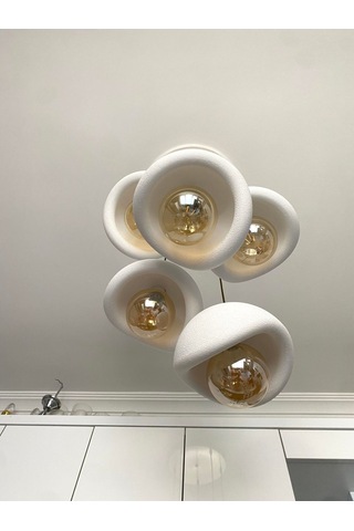 Modern 5'li Avize Beton Dokulu - Salon Ve Oturma Odası İçin Şık Tasarım Rustik Ampul Hediyeli Eskitme - Gold