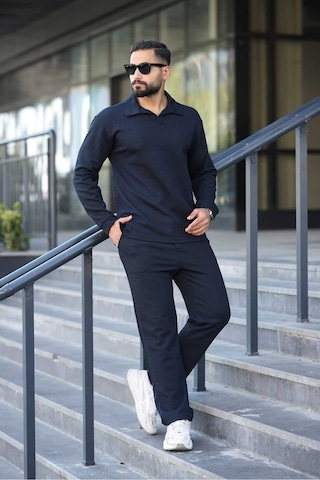 Mfz Giyim Petekli Alt Üst Pantolon Ve Patlı Yakalı Erkrk Sweat Takımı Lacivert