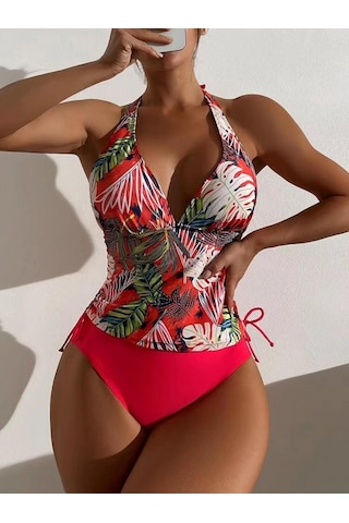 Mayo Kadın Bölünmüş Üçgen Dantel Katı Yaprak Baskılı Bikini Mayo Kırmızı