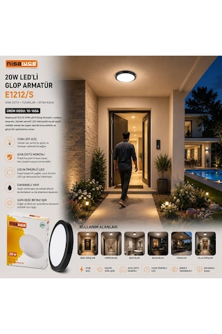 Nisaluce E1212/s 20w Siyah Metal Kasa Sıva Üstü Yuvarlak Led Glop Armatür - Ip20, 6500k, 1800 Lm