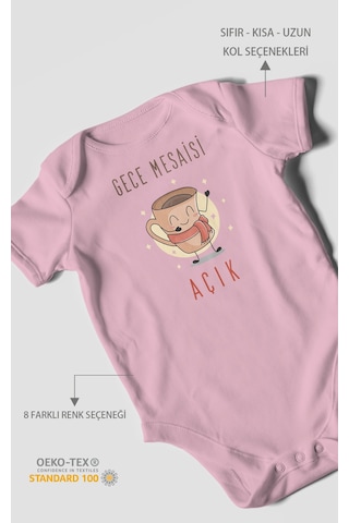 Gece Mesaisi Açık Baskılı Bebek Zıbını Çıtçıtlı Body %100 Pamuk Kısa Kol Koyu Pembe
