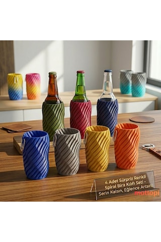 Mottopi 3+1 Sürpriz Renkler Spiral Desen Bira Çorabı,bira Kılıfı,bira Gizleyici,içecek Kılıfı-sürpriz Set 4 Adet Çok Renkli