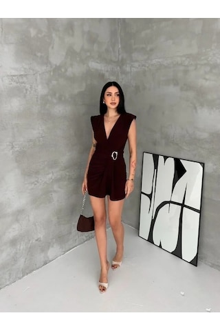 Valensdesign Kruvaze Drapeli Tokalı Mini Elbise Şık Gece Davet Abiye - Kahverengi