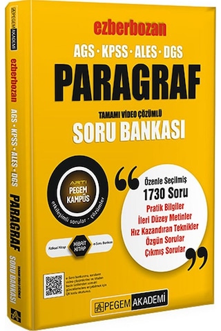 Pegem Akademi Yayıncılık AGS-KPSS-ALES-DGS Ezberbozan Paragraf Tamamı Video Çözümlü Soru Bankası Pegem Akademi Yayıncılık AGS-KPSS-ALES-DGS Ezberbozan Paragraf Tamamı Video Çözümlü Soru Bankası