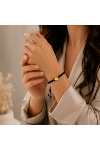 Seven Kuyumculuk 14 Ayar Altın Van Cleef Model Şans Yoncası Makrome Bileklik Siyah