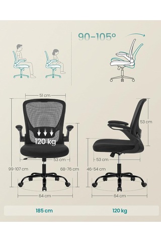 Ofis Koltuğu, Masa Sandalyesi, File Kaplamalı Döner Sandalye, Ergonomik, Yastıklı Bel Desteği, Sallanma Fonksiyonu, 53 Cm Koltuk, Katlanır Kolçaklar, Siyah Obn37bk Diğer