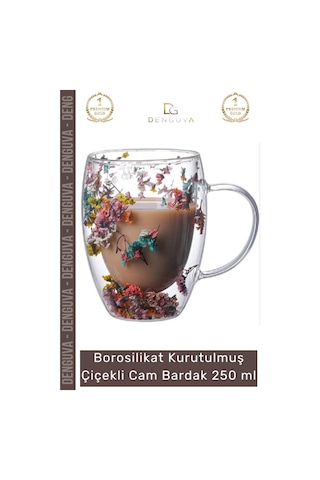 Bardak Çift Camlı Kurutulmuş Çiçekli Estetik Dekoratif Şık Tasarım Handmade Bardak 250 Ml Çok Renkli
