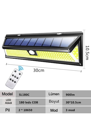 Solar 180 Led Güneş Enerjili Kumandalı 3 Modlu Duvar Lambası Hareket Sensörlü Su Geçirmez 1