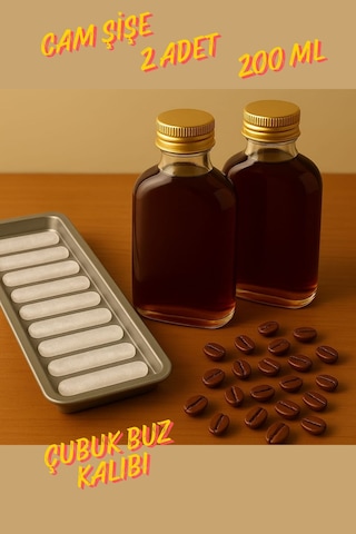 Rotanev 2 Adet Şeffaf Cold Brew Metal Gold Kapaklı Soğuk Kahve Yassı Cam Şişe 200 ml ve Çubuk Buz Kalıbı