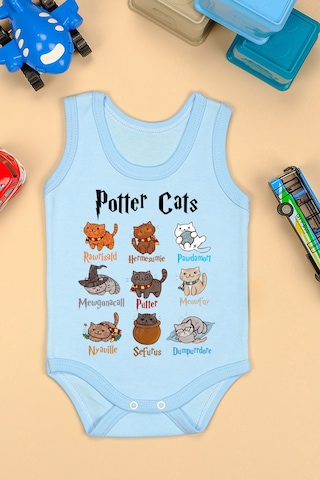 Bebetospik %100 Pamuklu Potter Cats Baskılı Yumuşak Doku Baskılı Zıbın & Body Mavi