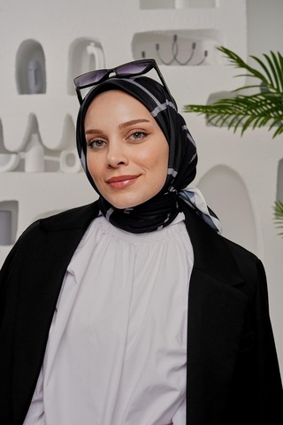 Afvente Geometrik Desen Siyah Soft Pamuk Eşarp