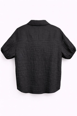 Mixray 4901 Kadın Polo Yaka Yarım Patlı Kraş Dokulu Crop Gömlek Siyah