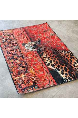 Leopar Desenli Halı Duvar Halısı 120 Cm X 180 Cm 5901 Kırımızı