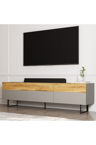 Sign Kapaklı Tv Ünitesi, Tv Sehpası - Metal Ayak - Gri/traverten - Sis Gri/kilim Sis Gri/kilim