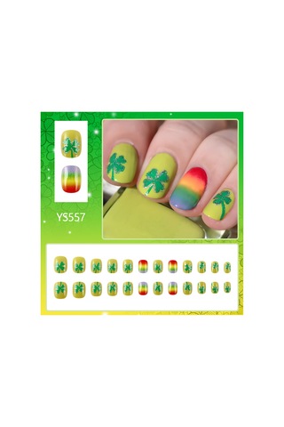 St. Patrick Günü Dört Yapraklı Yonca Gökkuşağı Giyilebilir Tırnaklar Gümüş Simli Basit Parlak Tırnak Sanatı 24 Adet Sahte Tırnak Araçlar Dahil Ys557