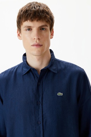 Lacoste Men's Regular Fit Button-down Collar Linen Shirt Erkek Düğmeli Yaka Keten Gömlek Lacivert