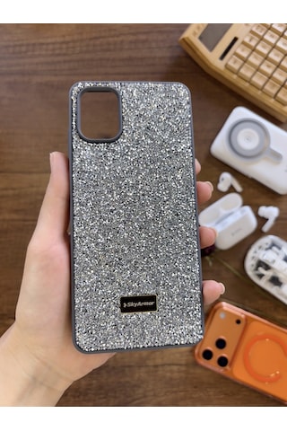 Samsung A06 Uyumlu Kadife İç Yüzey Tasarımlı Taşlı Işıltılı Parlak Pırlanta Kılıf Dia Plus Gri