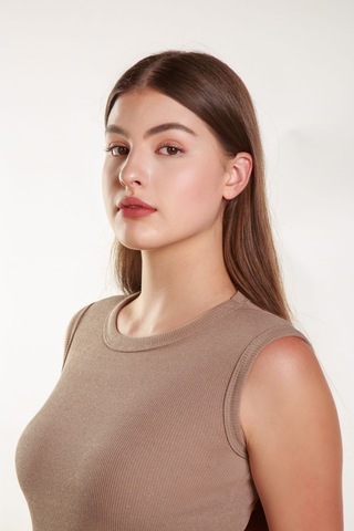 Kadın Vizon Fitilli Likralı Sıfır Kol Bisiklet Yaka Örme Atlet Tshirt Bluz Vizon