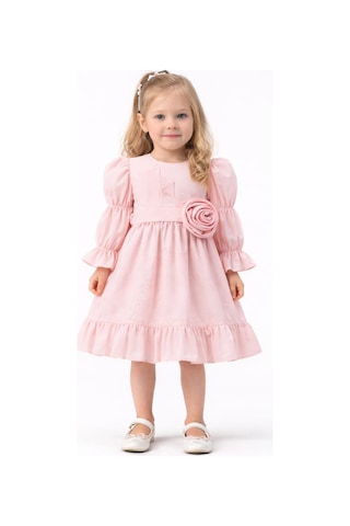İrem Çocuk Giyim Kız Çocuk Çiçek Detaylı Balon Kol Model Etek Kısmı Fırfırlı Uzun Kol Midi Boy Pembe Renk Elbise Pembe