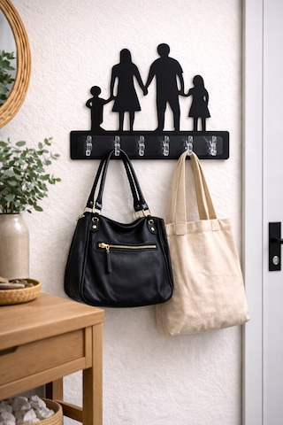 Aile Figürlü Dekoratif Duvar Askılığı 6 Kancalı Mdf Anahtarlık Ve Askı 38 X 30 Cm Siyah Siyah