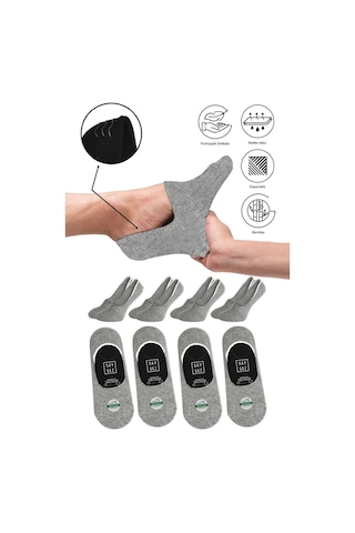 Saysez Bambu Erkek Babet Gri Çorap Dikişsiz Görünmez Kaydırmaz Topuk Silikonlu Premium 4'lü Paket Gri