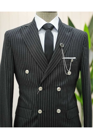 Beystil Sivri Yaka Siyah Çizgili Kruvaze Takım Elbise Bezayak036- Slim Fit Siyah