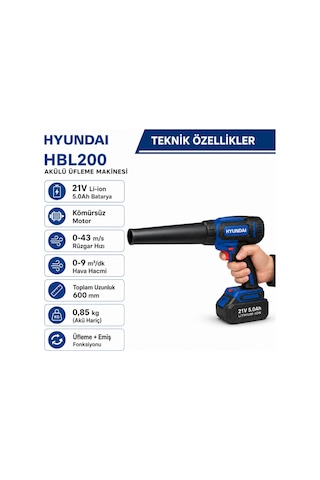 Hyundai Hbl200 21v Akülü Üfleme Makinesi 5.0ah Bataryalı Kompakt Blower