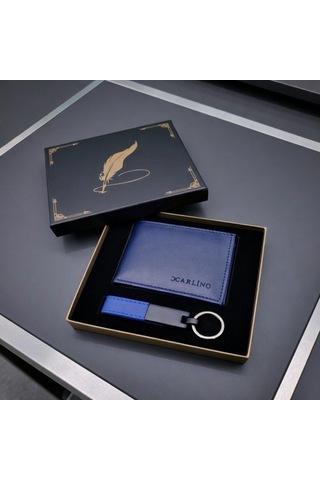 Premium Popüler Hediye Erkek Aksesuar Metal Detaylı Mavi Cüzdan Anahtarlık Set
