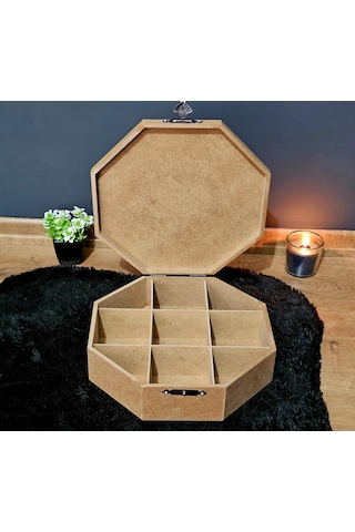 Ahşap Sekizgen Model 9 Bölmeli Aksesuar Kutusu Ham Boyanabilir