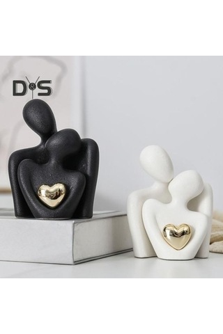 Novahub Çift Kucaklama Heykeli Beyaz Seramik Altın Kalp Erkek Kadın Aşk Heykeli Oturma Odası Yatak Odası Biblo M