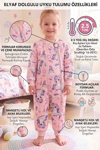 Babymod Elyaf Dolgulu 2.5 Tog 100% Pamuk Penye Astarlı Premium Kalite Kız Çocuk Uyku Tulumu Pembe