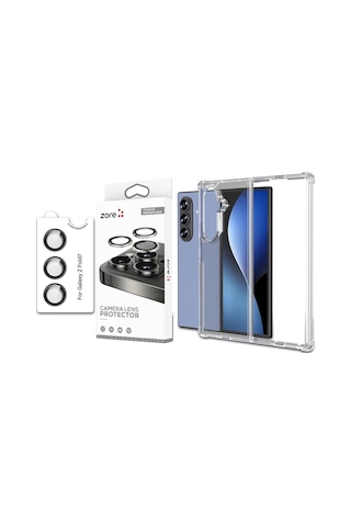 Vendas Galaxy Uyumlu Z Fold 7 Kılıf Zore Nitro Anti Shock Silikon Kılıf + Anti-reflective Kamera Lens Koruyucu Şeffaf
