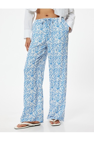 Koton Bol Paça Pantolon Yüksek Bel Bağlama Detaylı Floral Desenli Rahat Kalıp Mavi Desenli 4sak40219ew Mavi