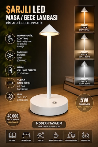 Şarjlı Usb'li Led'li Beyaz Gece Lambası 3 Farklı Işık Modlu Dokunmatik Dimmerli Dekoratif Metal Masa Lambası