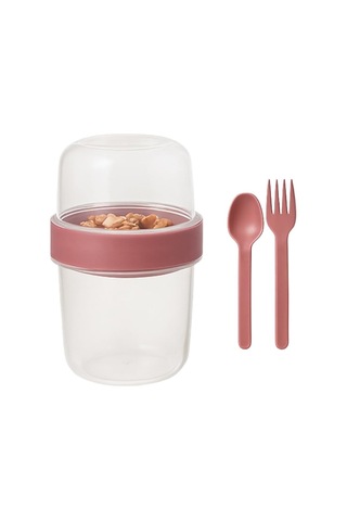 Pembe Saklama Kabı 2 Katlı Taşınabilir Yemek Kabı, Kaşık Ve Çatal Dahil 18x10 Cm Bakır