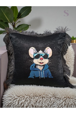 Tavşan Nakışlı Kadife Siyah Kırlent Kılıfı 1 Adet İçi Dolgulu 43 X 43 Cm Çok Renkli