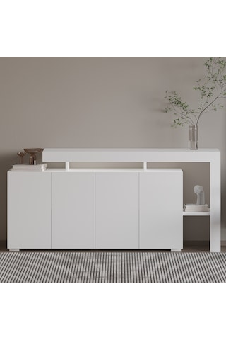 İnarch Dizayn Beliz Led Işıklı Modern Konsol 170 Cm, 4 Kapaklı Ve İç Raflı Depolama, Tasarım Beyaz