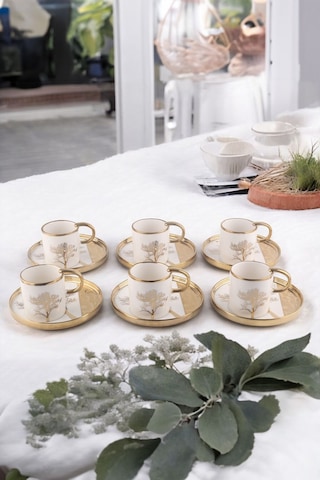 Violet 6 Kişilik Hayat Ağacı Desenli Gold Yaldızlı Porselen Kahve Fincan Takımı Beyaz
